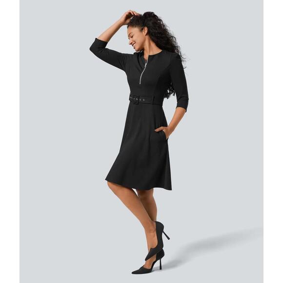 NWT Halara Round Neck Zipper Belted Pocket Midi Fit And Flare Work Dress Size XL - Picture 12 of 12